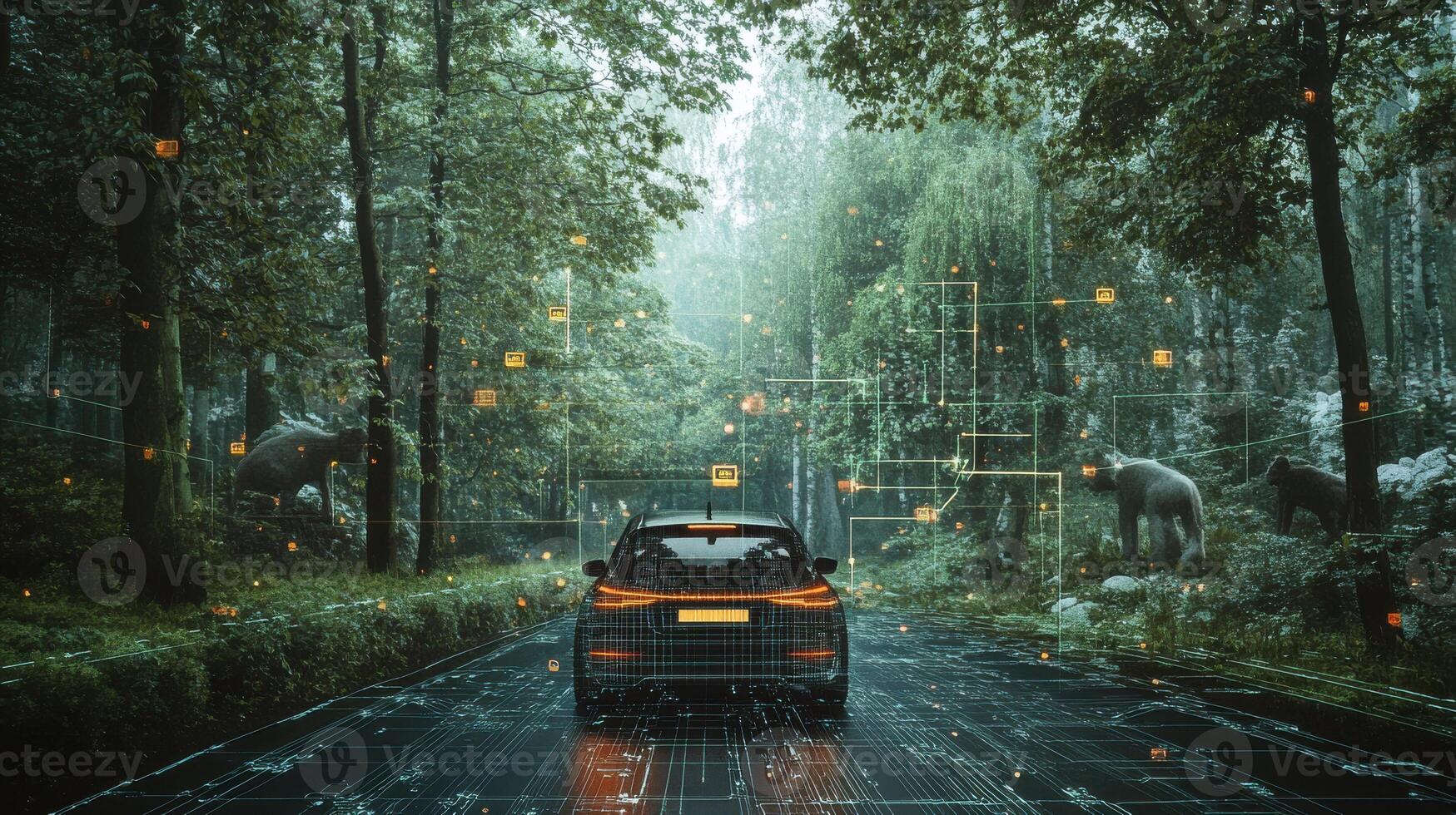 Autonomous car navigating forest path, scanning surroundings with advanced sensors. Robotic cars photo