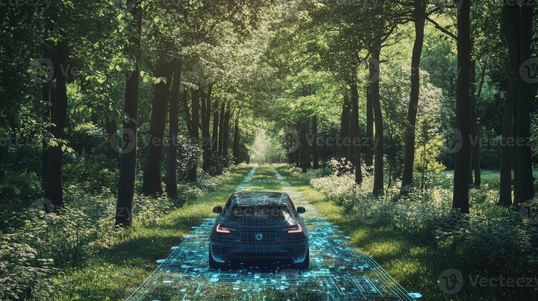 Driverless car avoiding obstacles on forest road, showcasing smart technology. Robotic cars photo