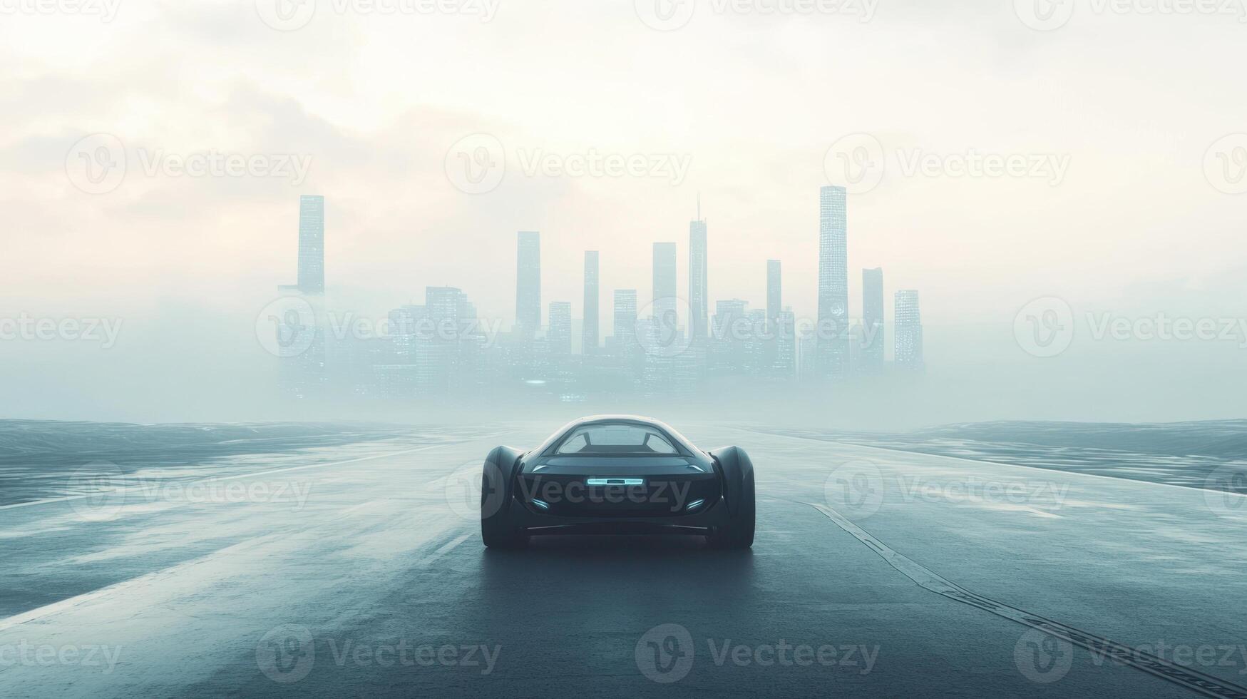 High-tech robotic car driving solo, futuristic city backdrop. Robotic cars photo