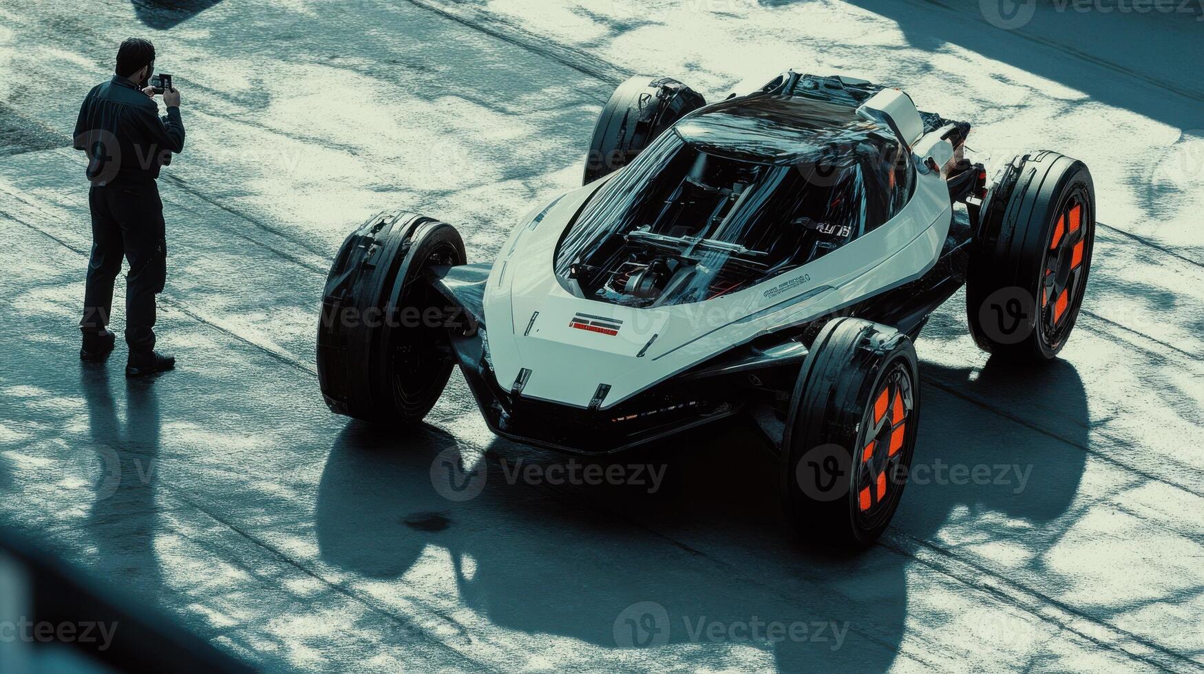 Robotic car on track, engineers monitoring advanced sensor performance. Robotic cars photo