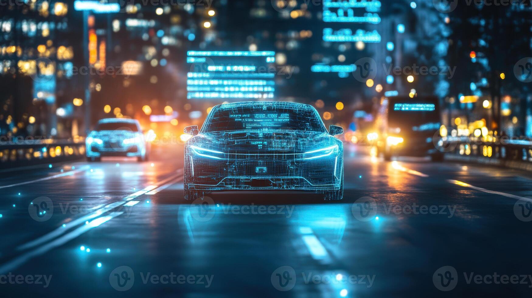 Nighttime city drive with autonomous cars, blending headlights and data displays. Robotic cars photo