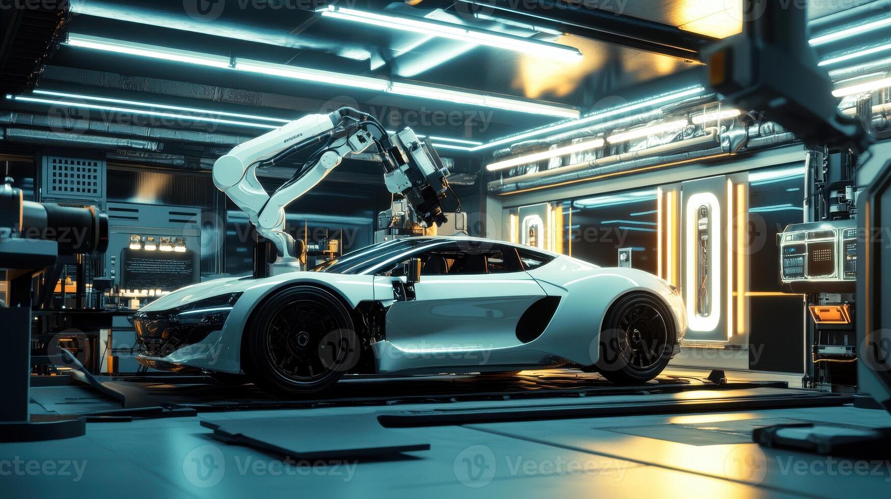 Robot arm conducting diagnostics on robotic car, futuristic vehicle maintenance. Robotic cars photo