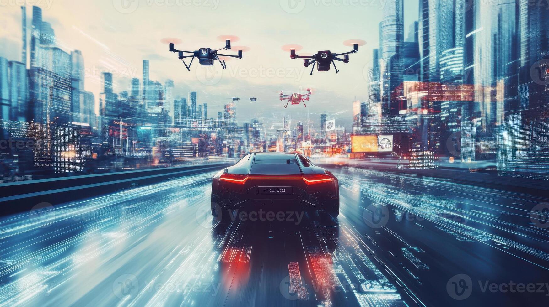 Flying drones and holographic signs, robotic car in modern cityscape. Robotic cars photo