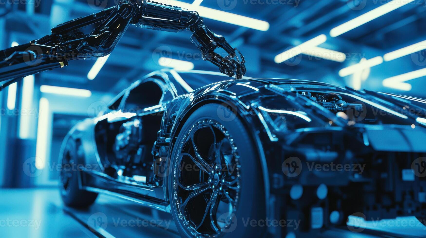 Futuristic garage with robotic car diagnostics, advanced repair innovation. Robotic cars photo
