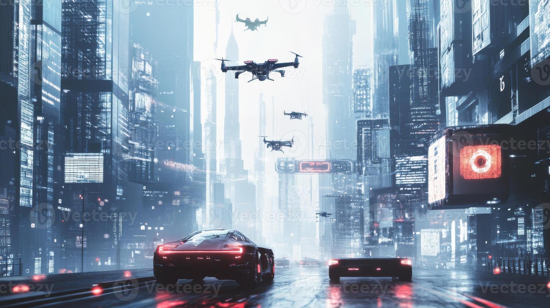 Driverless car navigating urban landscape, futuristic tech and drones in motion. Robotic cars photo