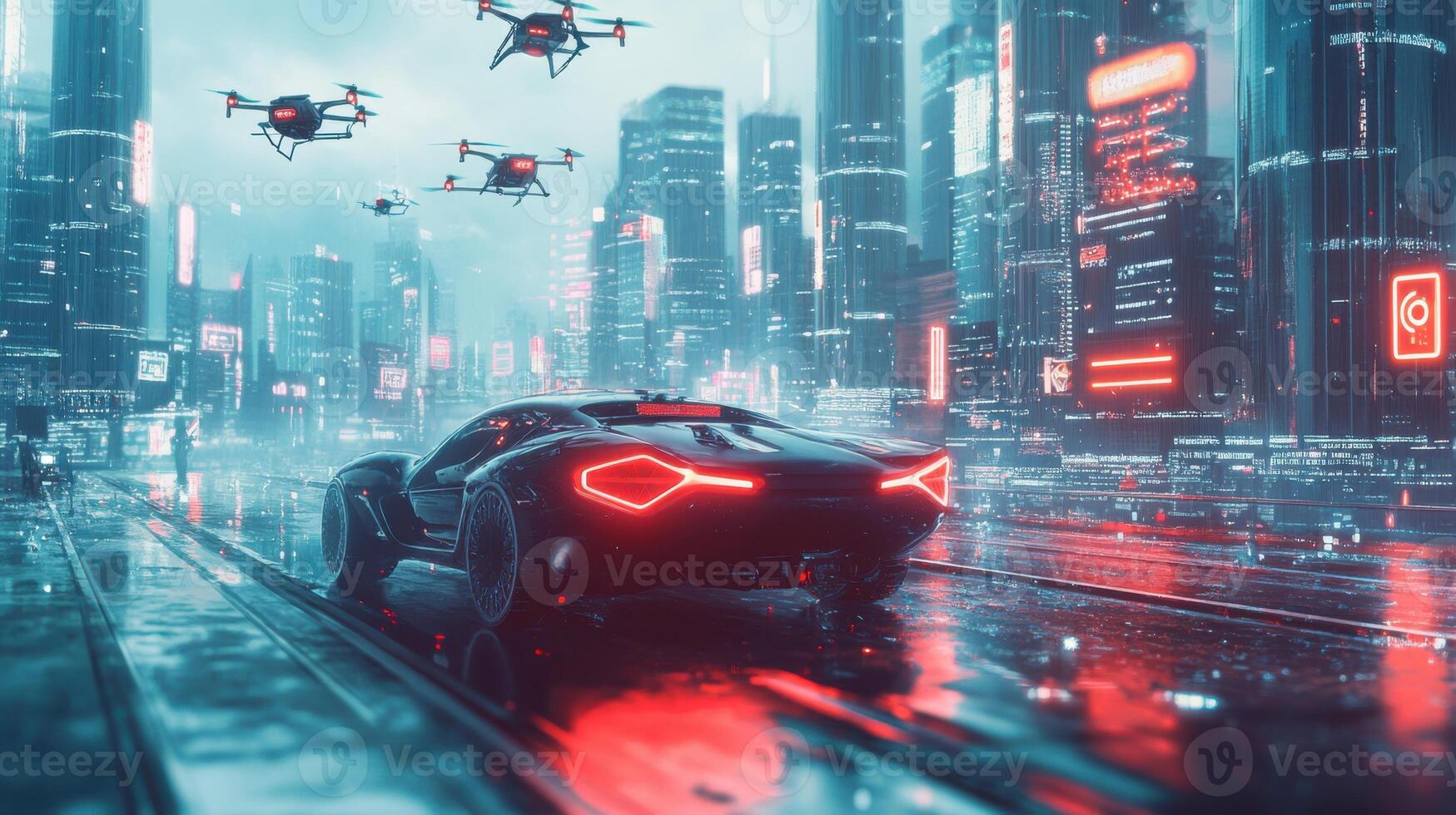 Robotic car in futuristic city with drones and holographic signs, tech integration. Robotic cars photo