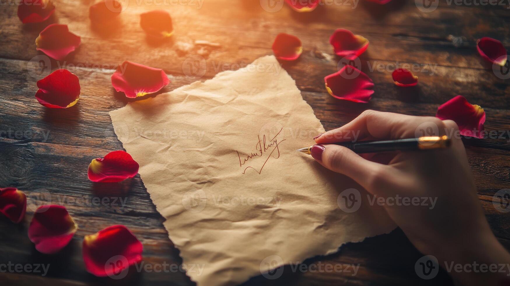 Handwriting love letter on parchment, soft lighting and floral charm. Valentine's Day photo