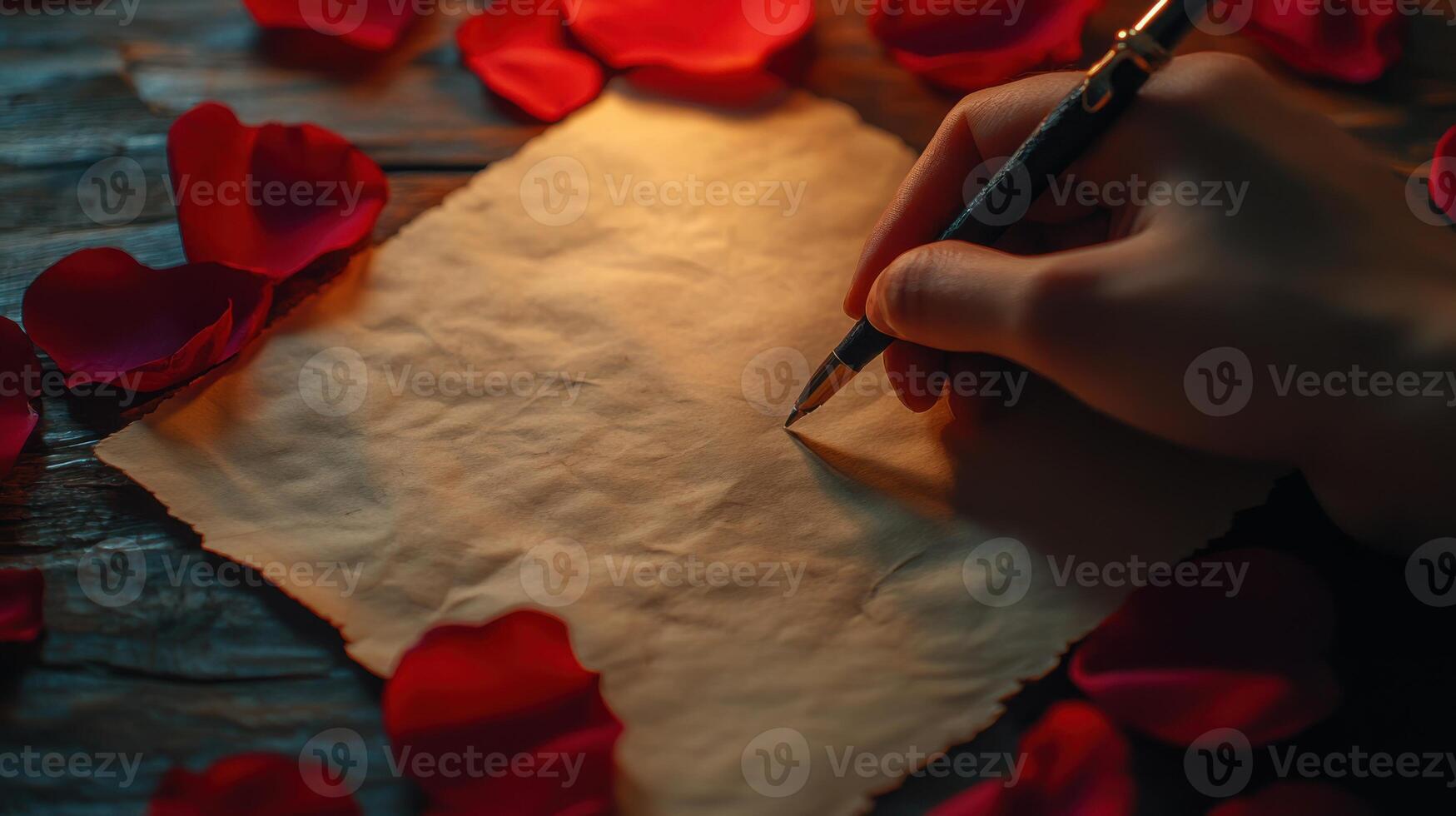 Romantic Valentine's scene with ink pen and parchment, warm and tender mood. Valentine's Day photo