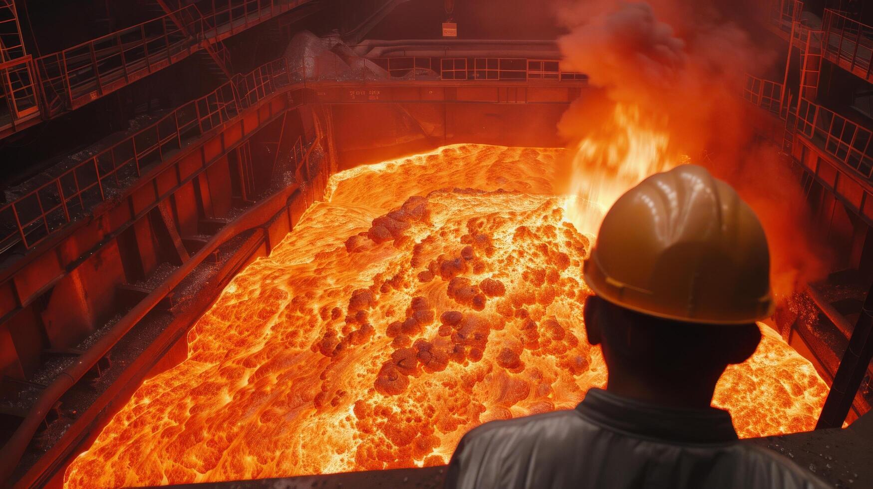 A steelworker looks into a molten steel furnace. photo