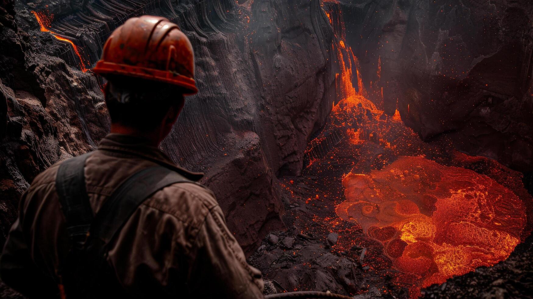 A worker wearing an orange hard hat looks into a large pit filled with molten lava. photo