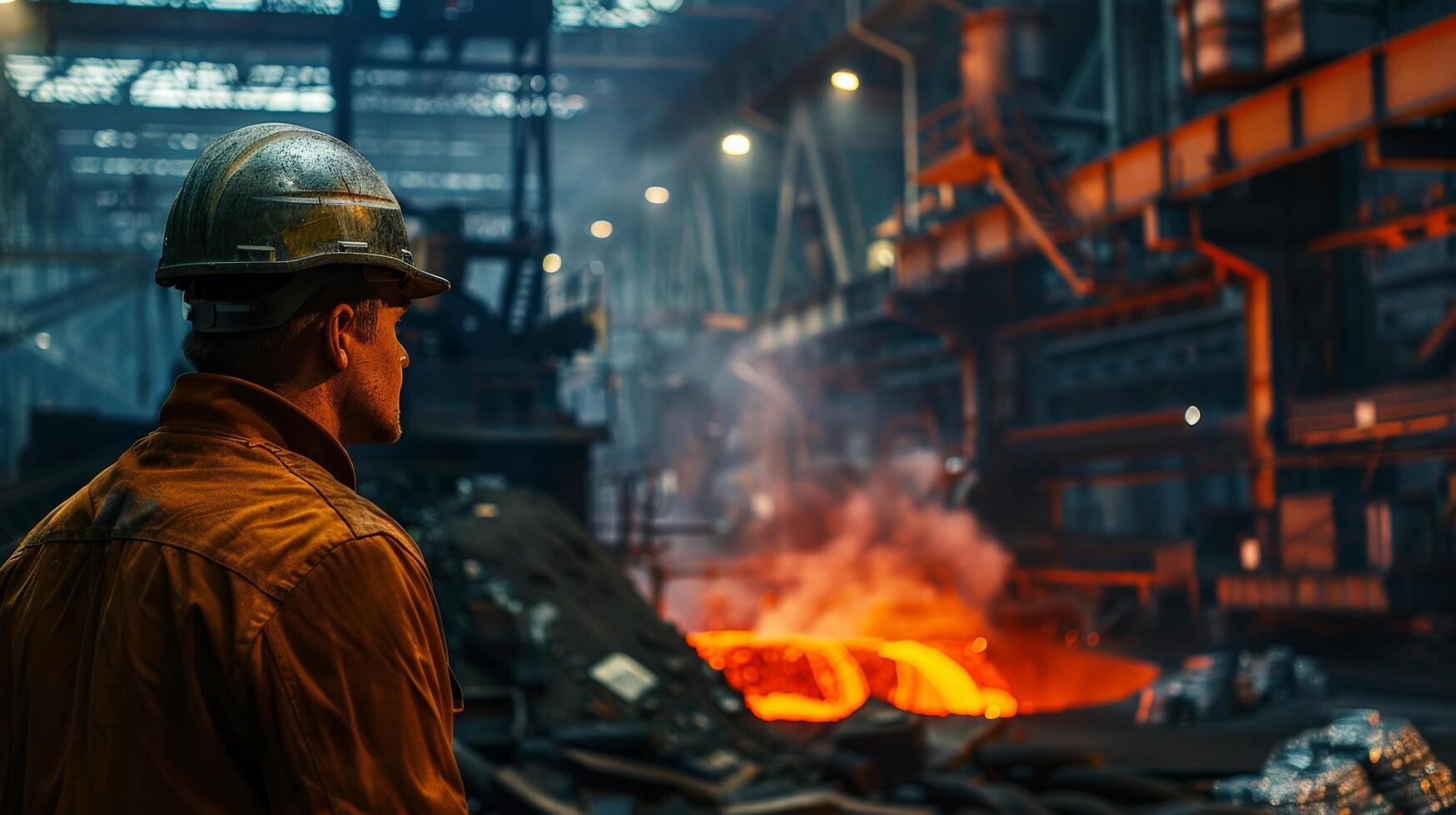 Steel mill worker looking at the molten metal. photo