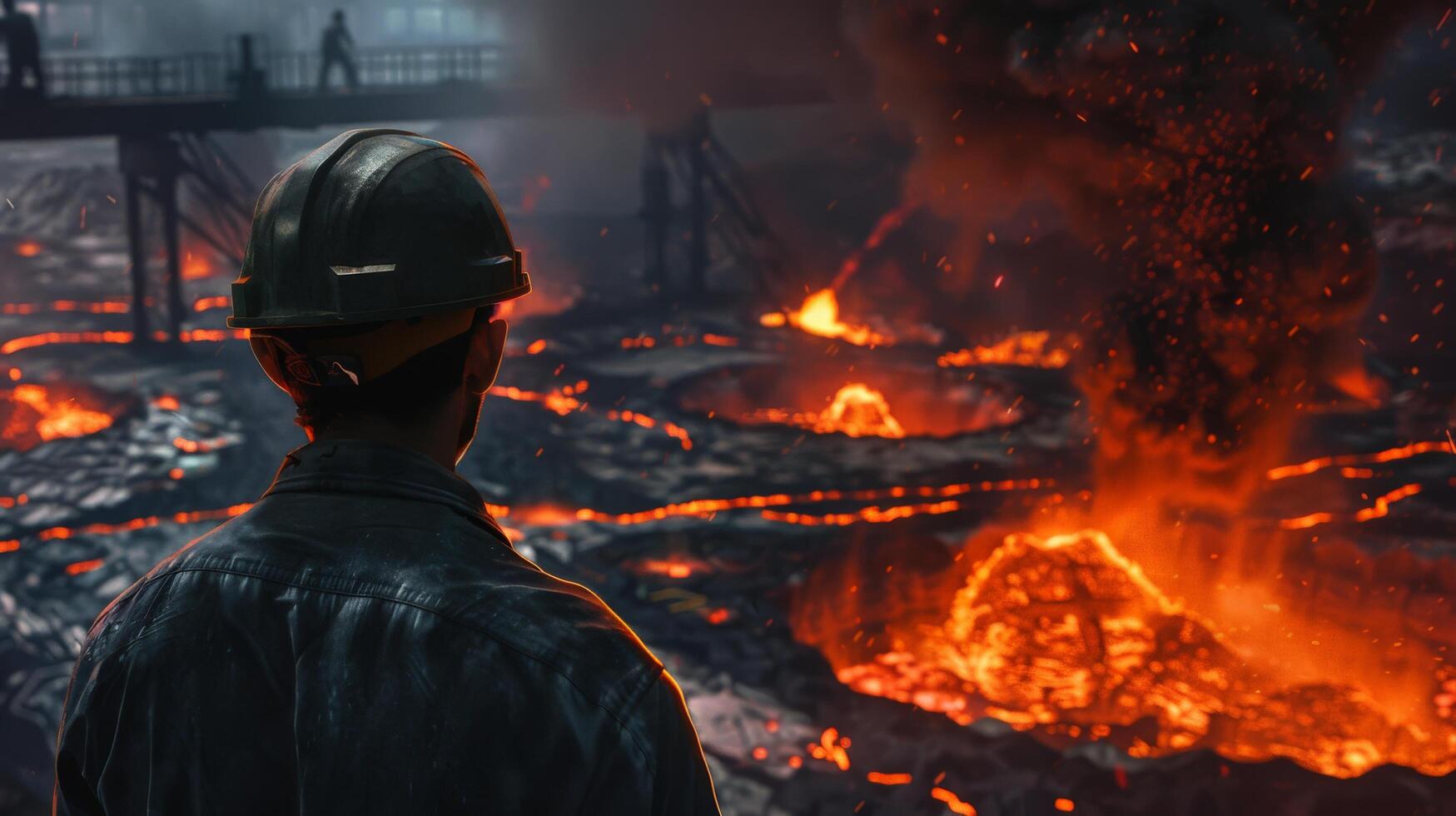 A lone steel worker looks out over a slag heap. photo