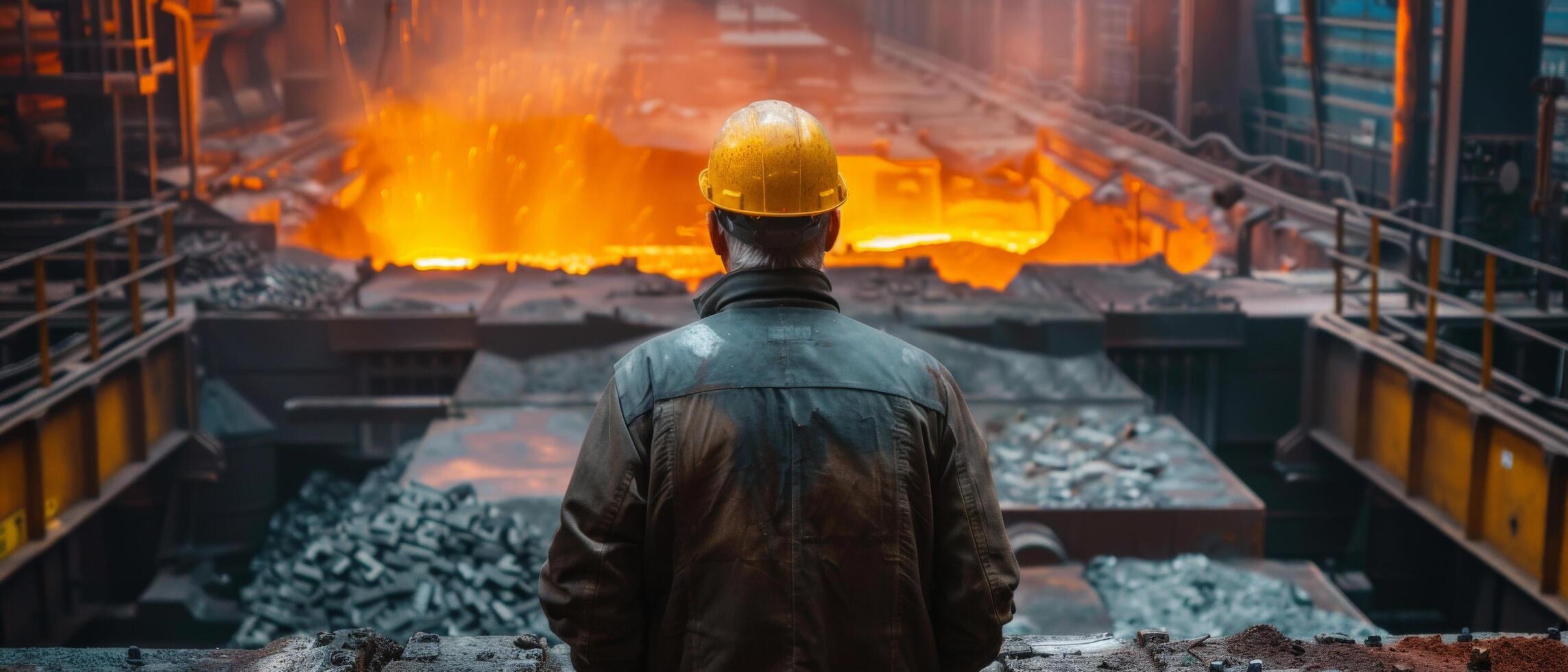 Steel mill worker looking at molten metal photo