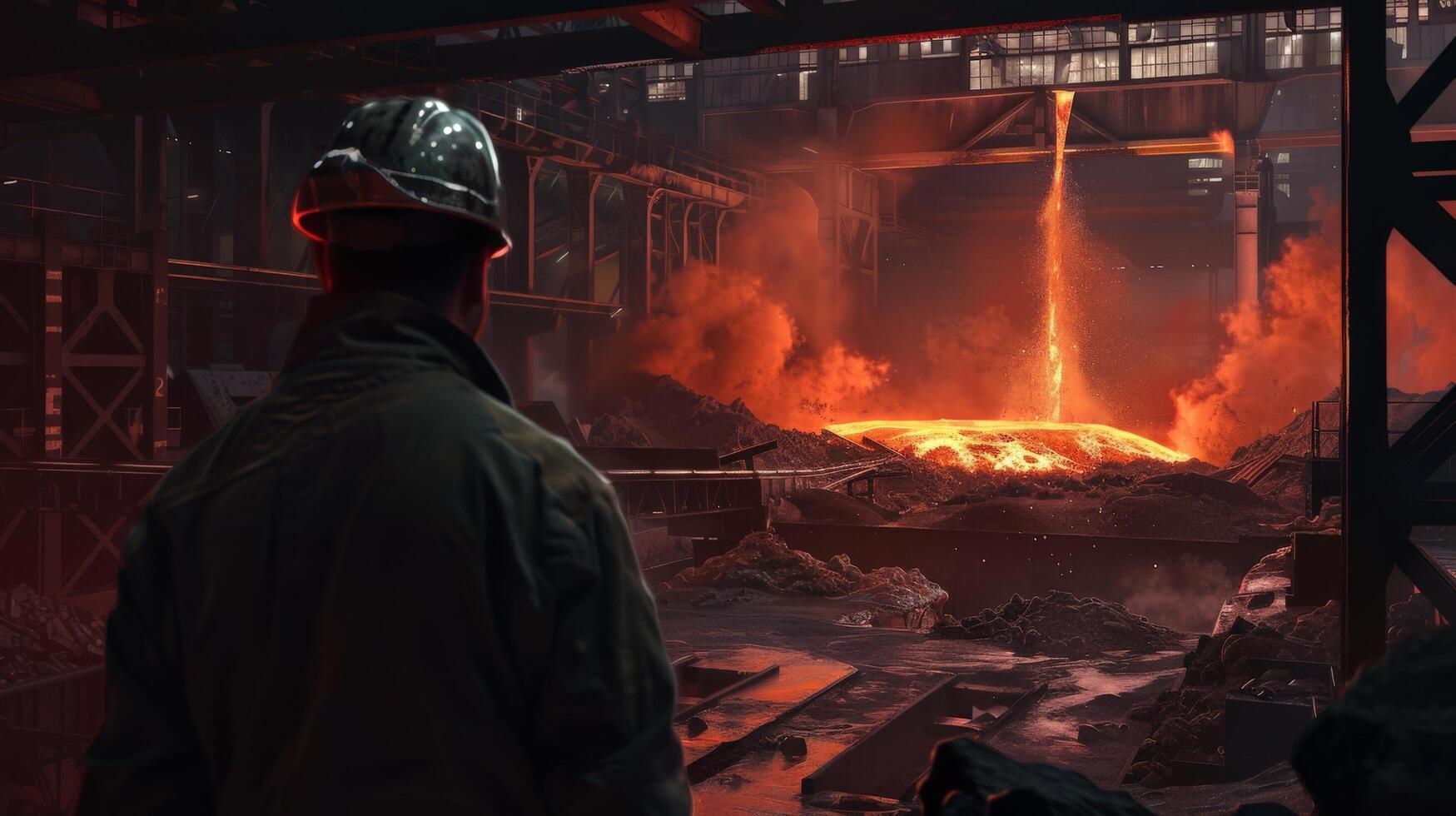 A steelworker looks at a molten metal being poured into a mold. photo