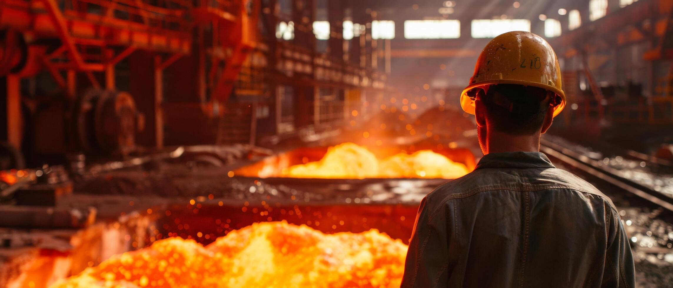 Steel mill worker looking at the molten metal. photo