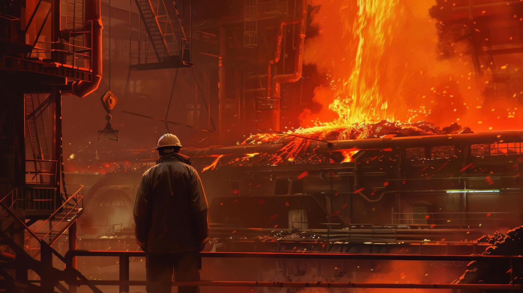 A steelworker looks on as molten metal is poured from a ladle into a mold. photo