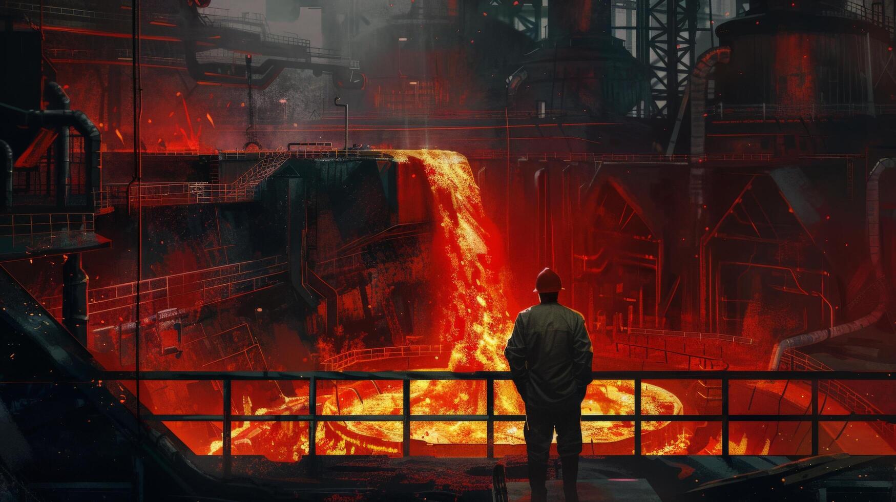 A lone worker stands on a catwalk overlooking a vast, fiery furnace. photo