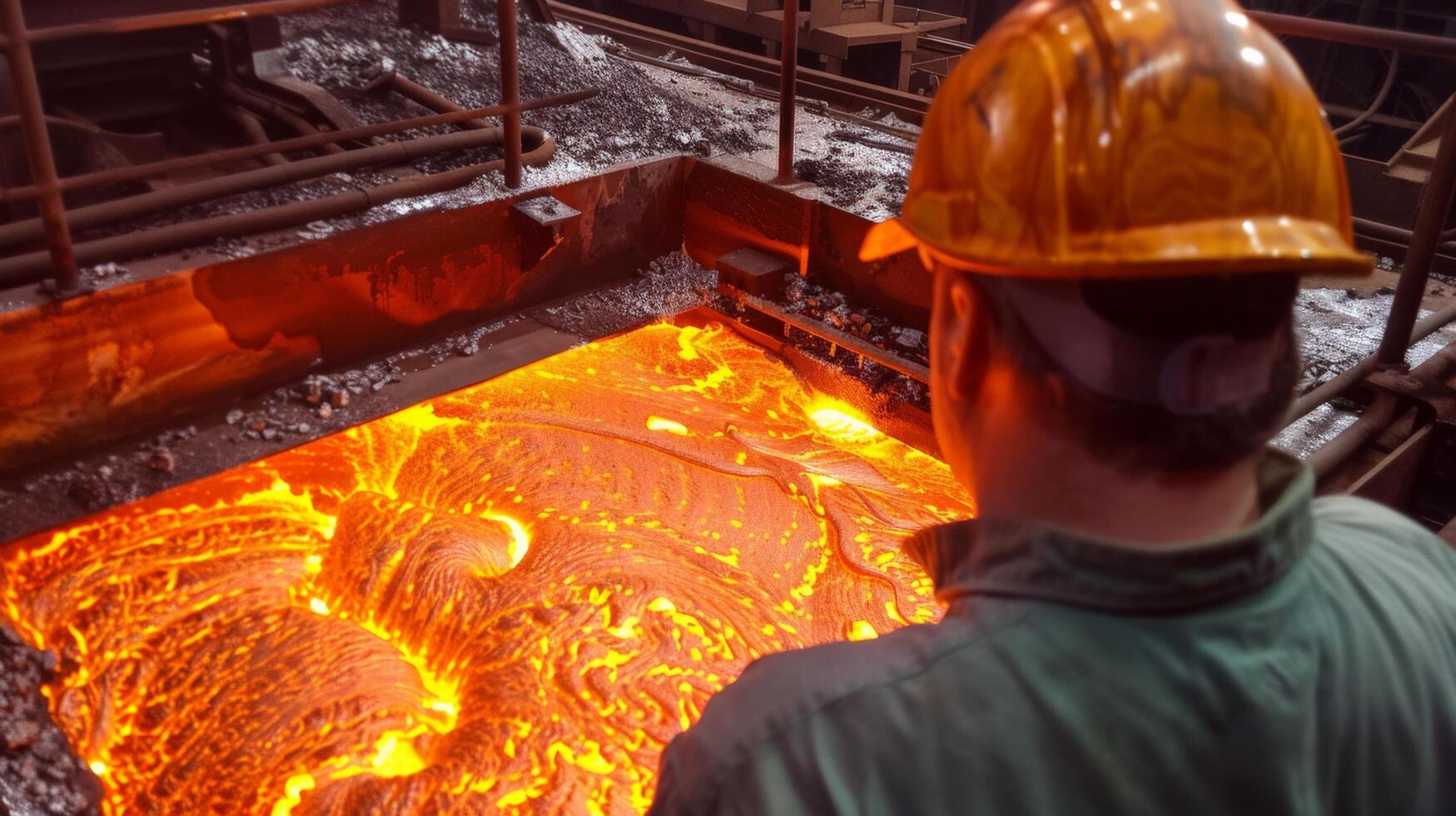 A steel worker looks at molten metal. photo