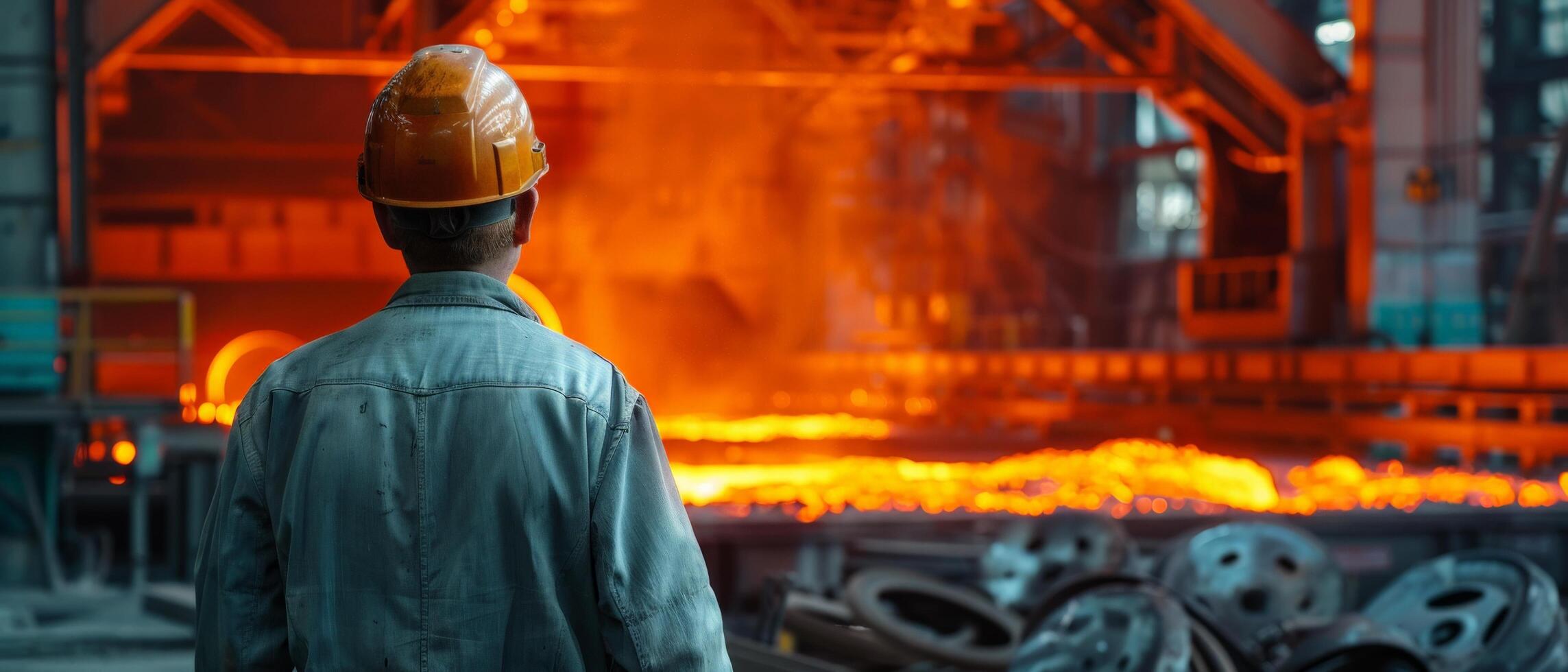 A steelworker looks at the molten metal in a steel mill. photo