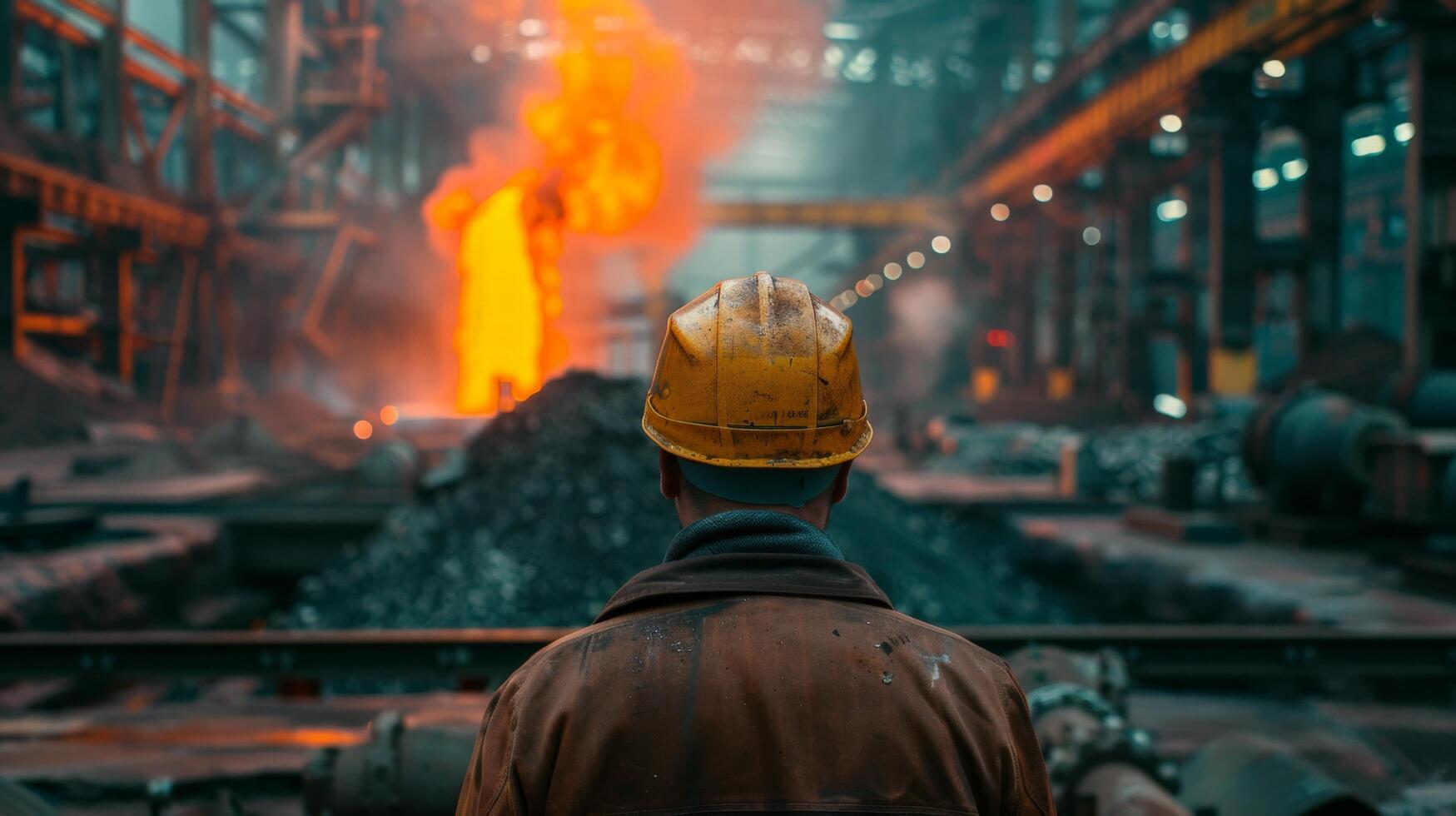 Steelworker wearing hard hat looking at a blast furnace photo