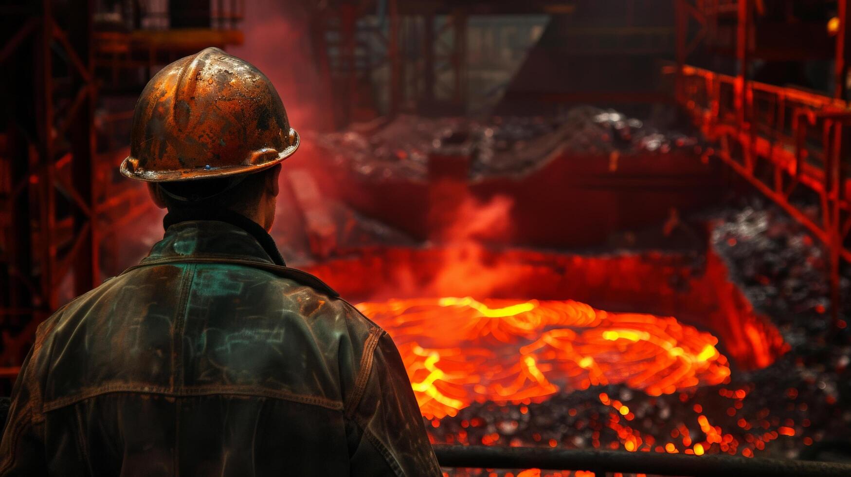 A steelworker looks at a furnace. photo