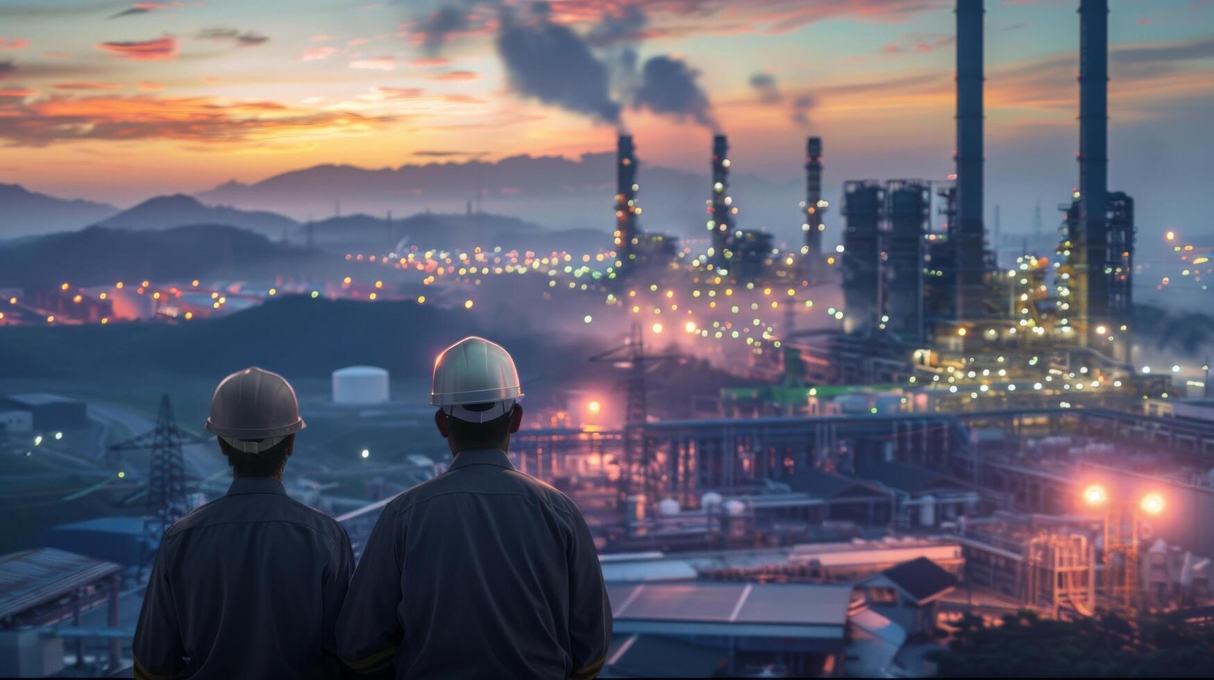 Two men in hard hats looking out over an oil refinery at dusk. photo