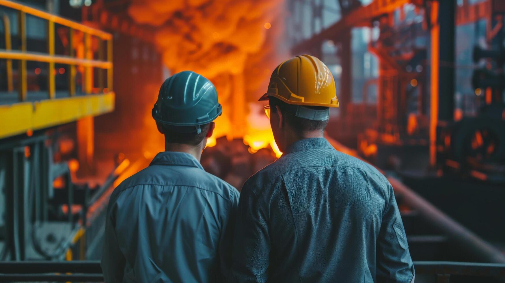Two steelworkers in hard hats looking at a blast furnace photo