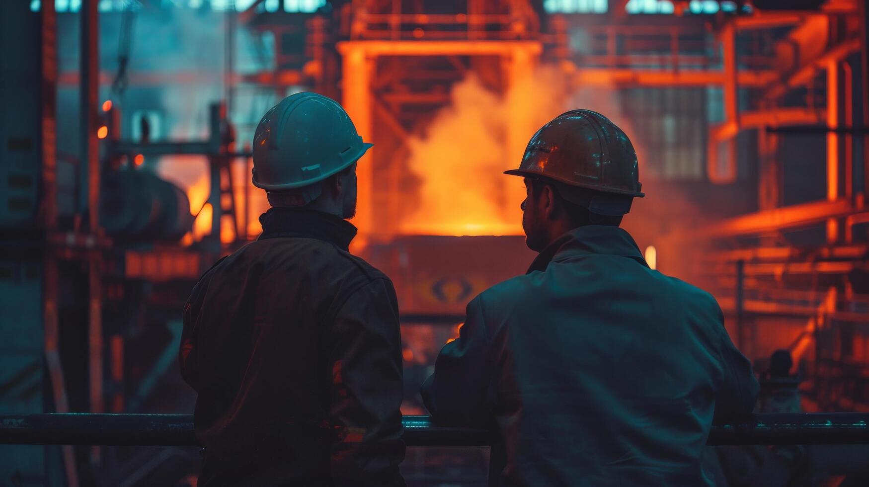 Two steelworkers in hard hats looking at a blast furnace photo