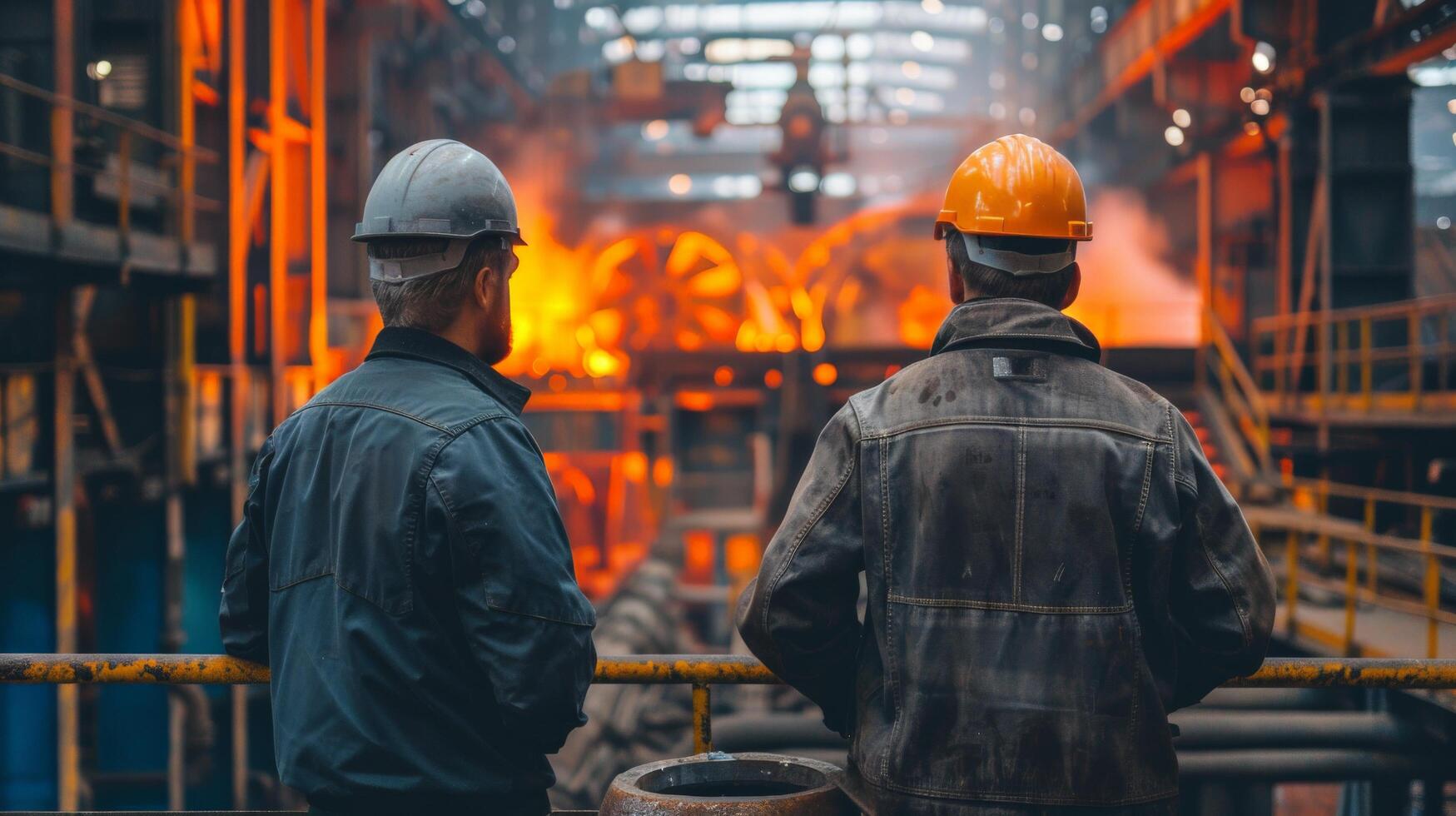 Two steelworkers in hard hats looking at a blast furnace photo