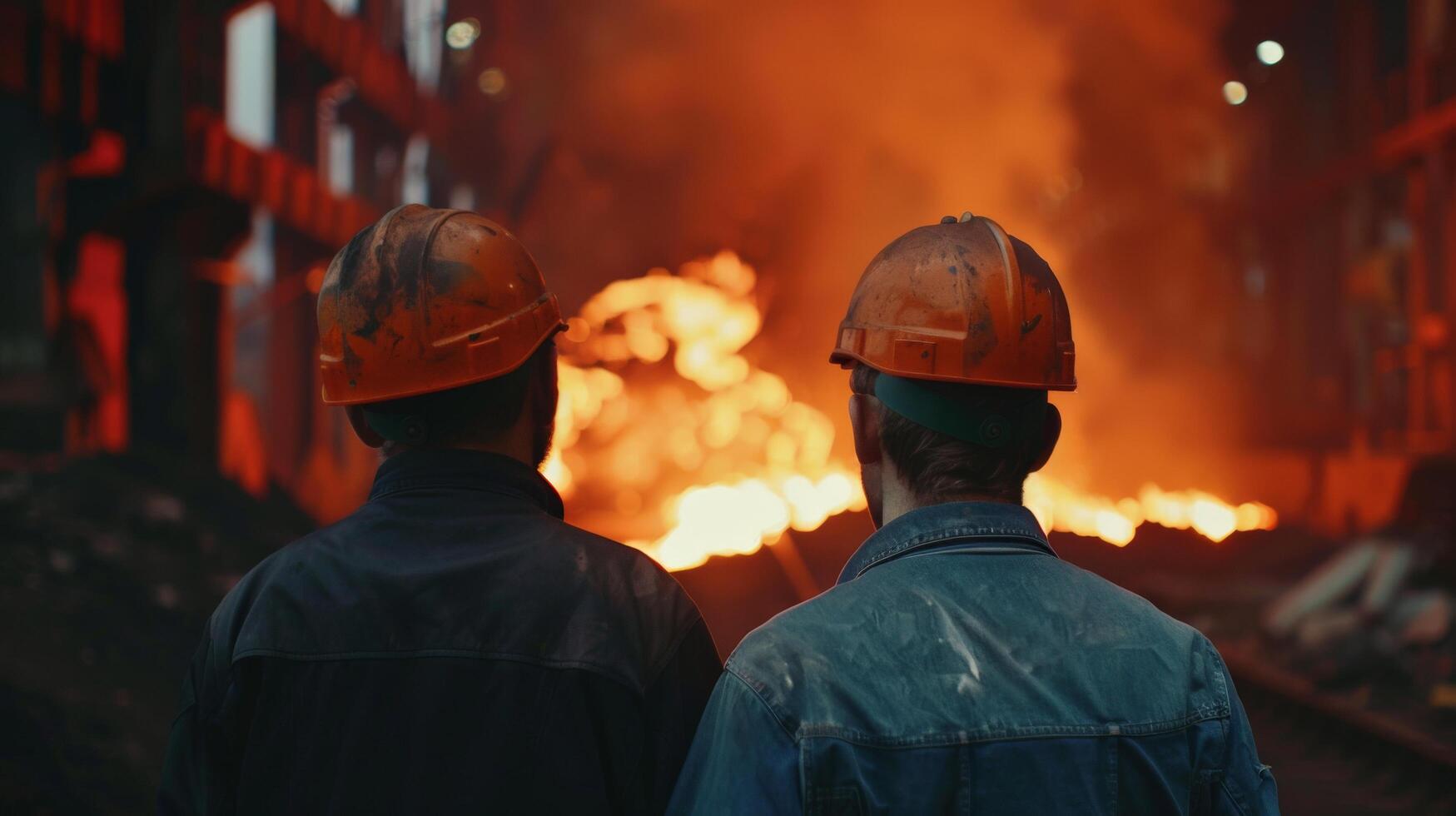 Two steelworkers watch the molten metal being poured. photo