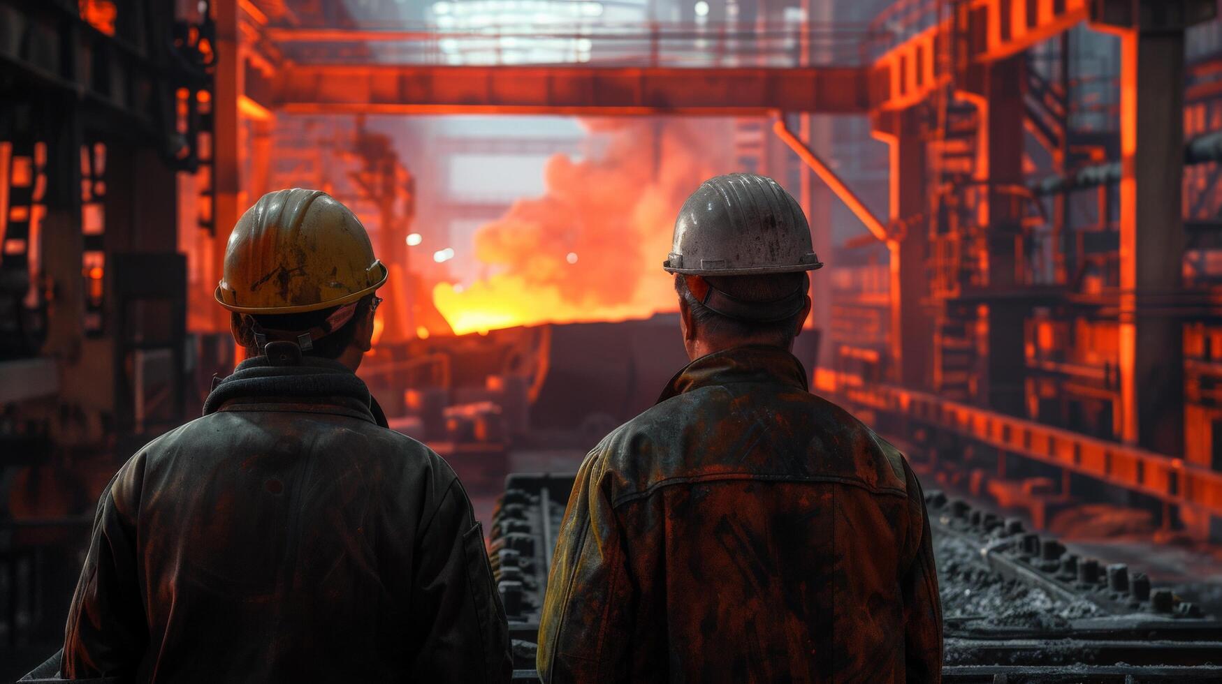 Two steelworkers watch the molten metal being poured into a mold. photo