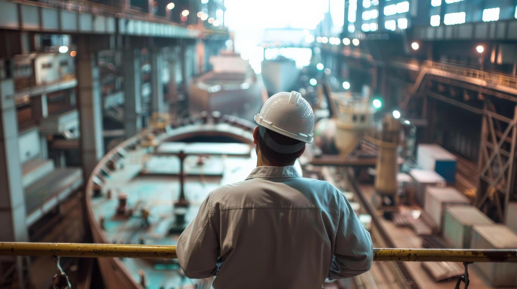A man in a hard hat looking out over a shipyard photo