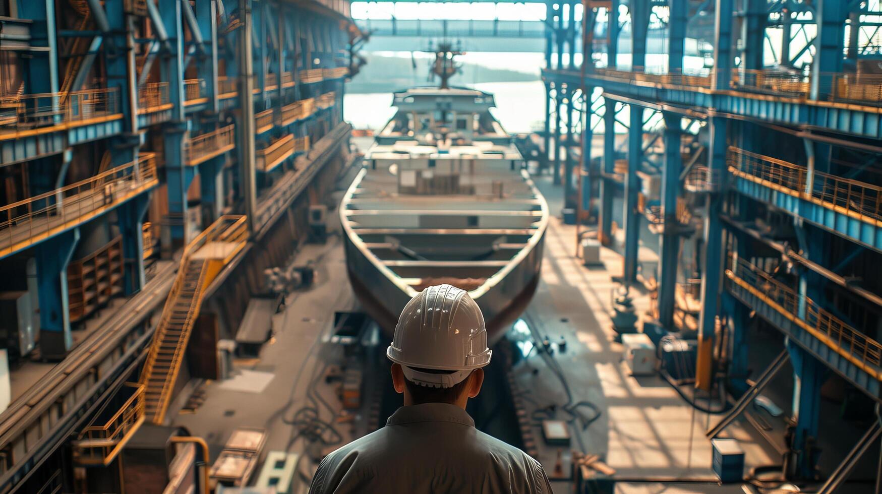 A worker wearing a hard hat is standing on a platform in a shipyard, looking at a large ship under construction. photo