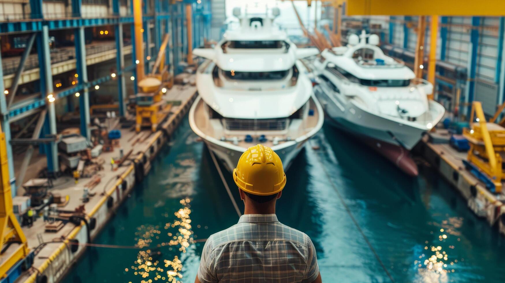 A man in a hard hat looks out at two yachts under construction in a shipyard. photo