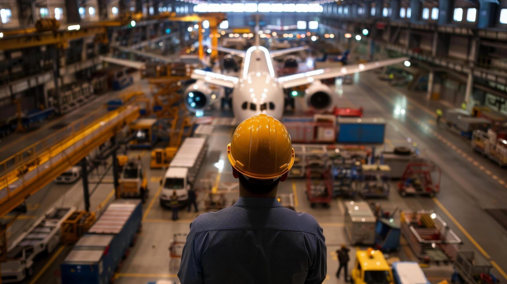 An engineer looking at an airplane in a factory photo