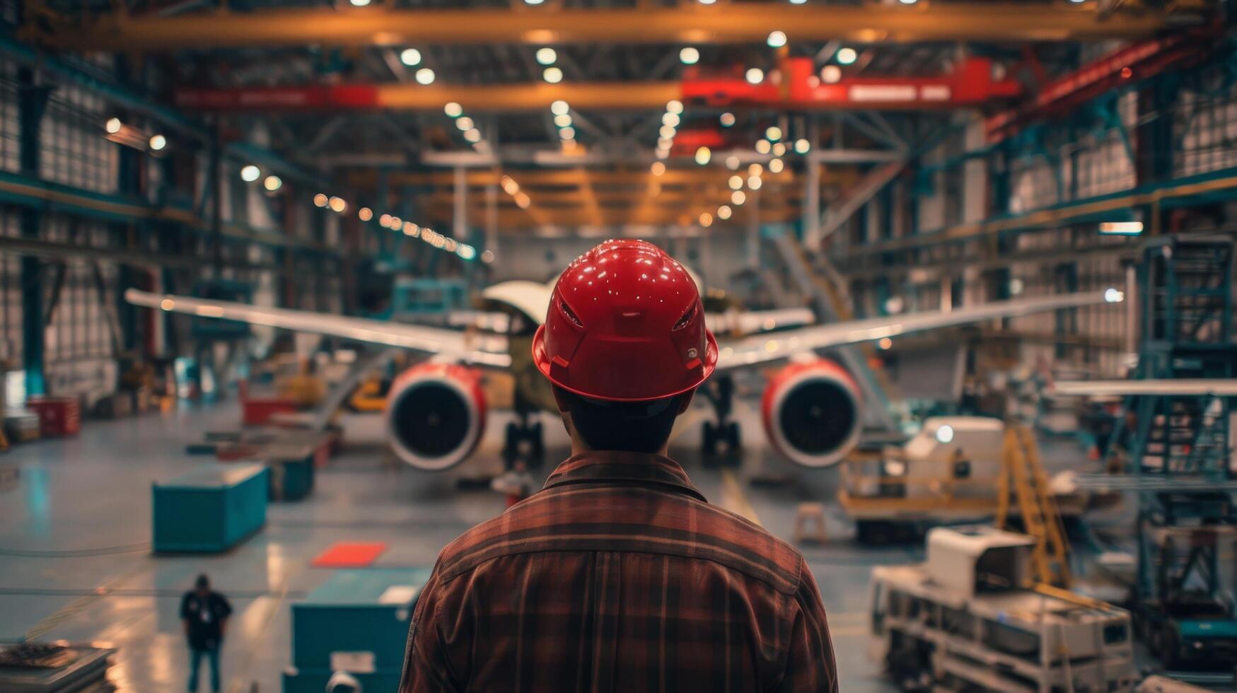 A man in a red hard hat is standing in front of an airplane. photo