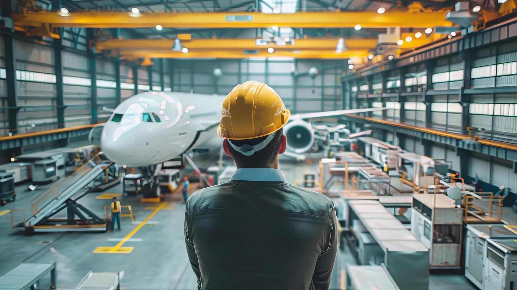 An engineer looking at an airplane in a hangar photo