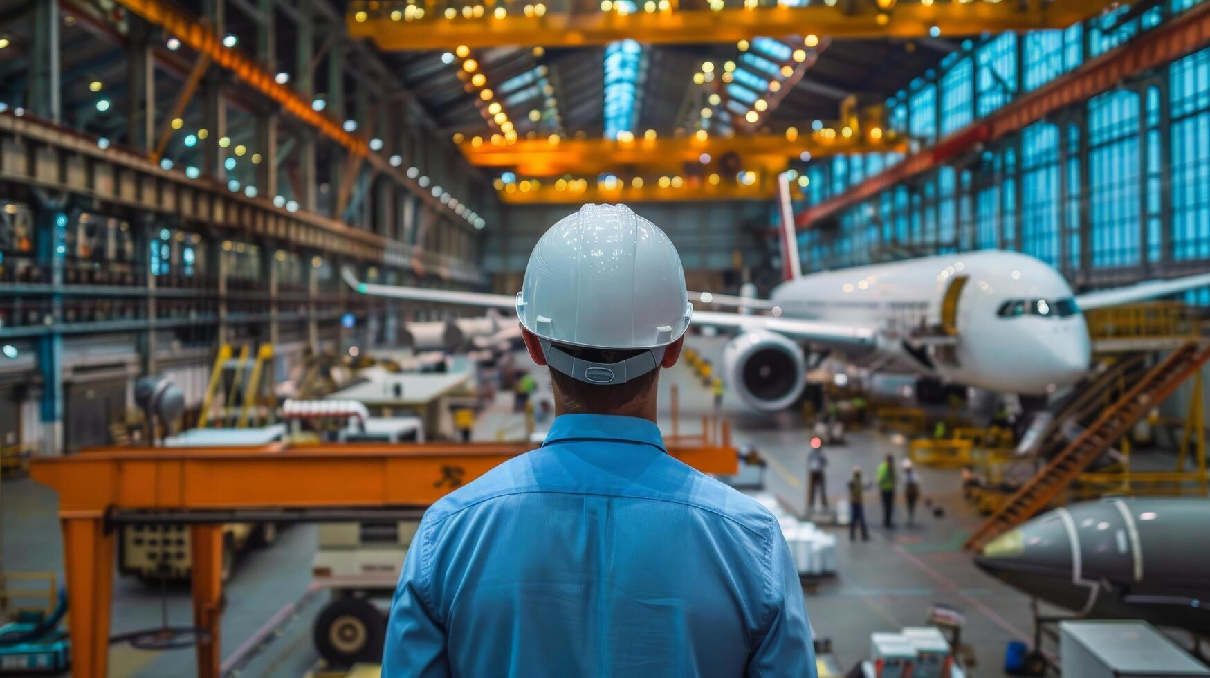 An engineer looking at an airplane in a hangar photo