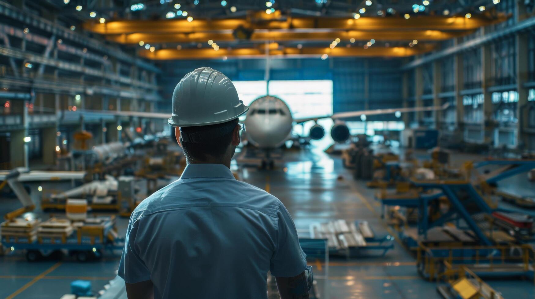 An aircraft maintenance engineer looking at a wide-body aircraft in a hangar. photo