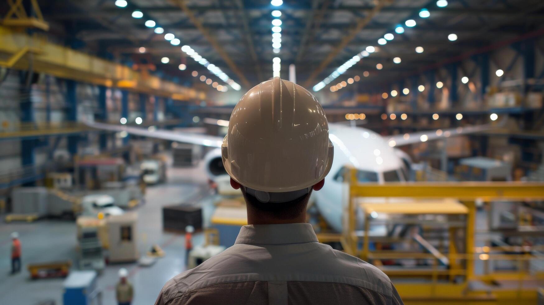 A man in a hard hat looking at an airplane in a hangar photo