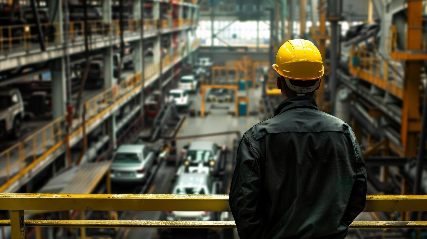 A man in a hard hat looking out over a large factory photo