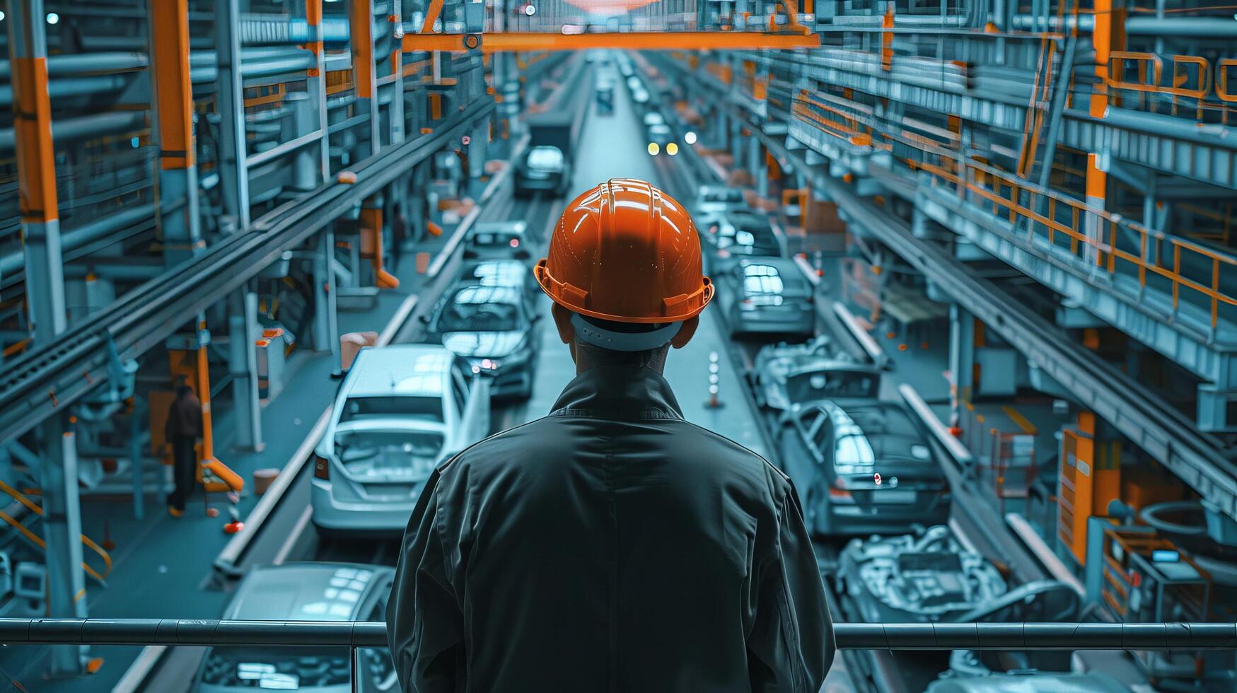 A worker in a hard hat looking out over an automobile assembly line. photo
