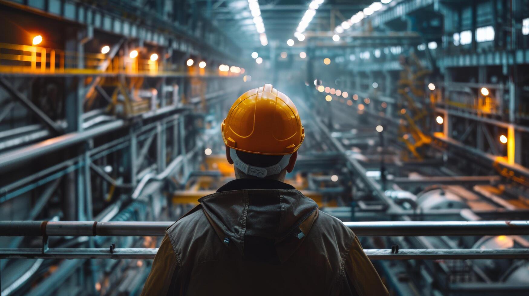 An industrial worker wearing a hard hat is looking out over a large factory floor. photo