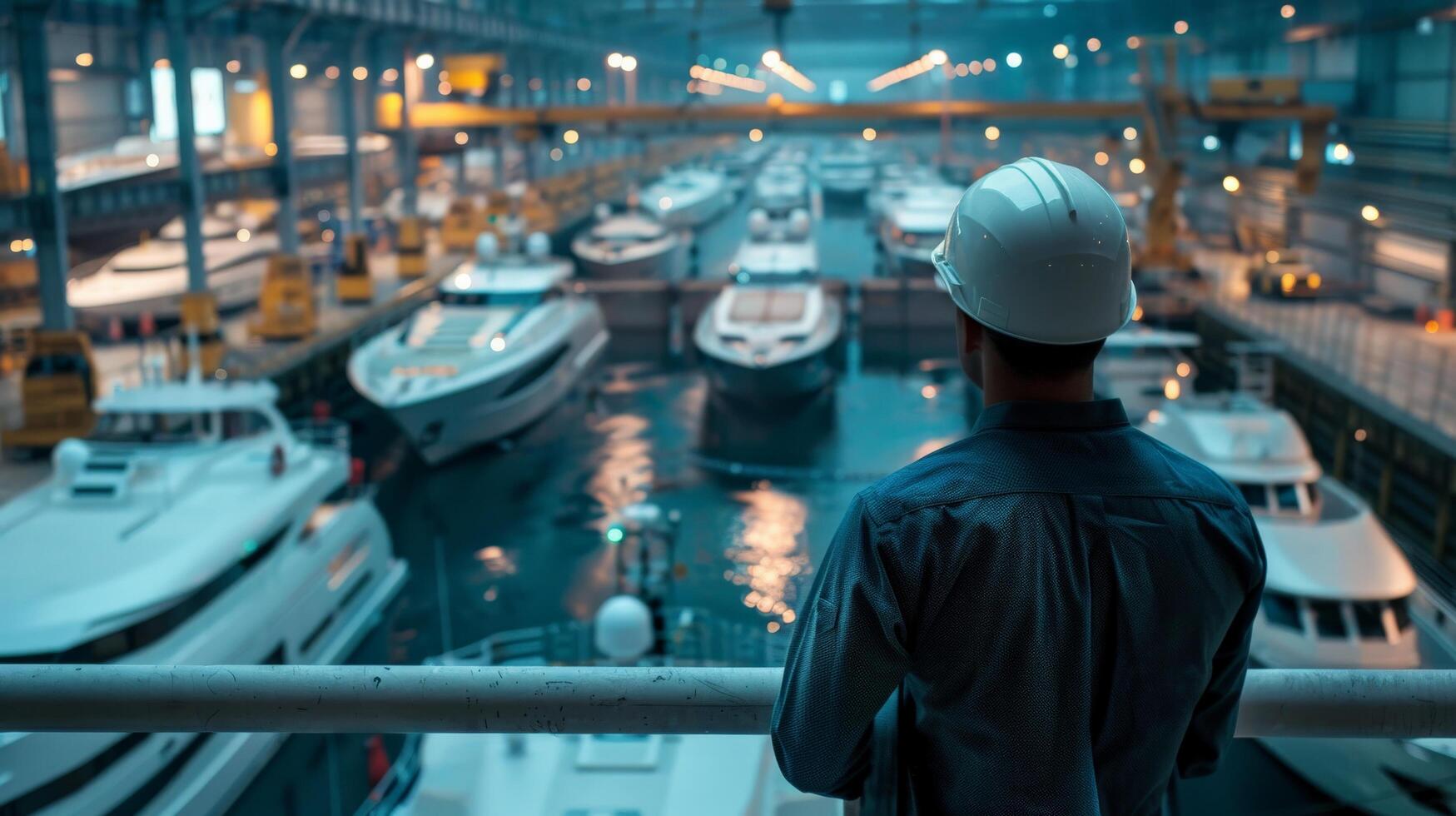 A worker wearing a hard hat looks out over a large shipyard filled with yachts and sailboats. photo