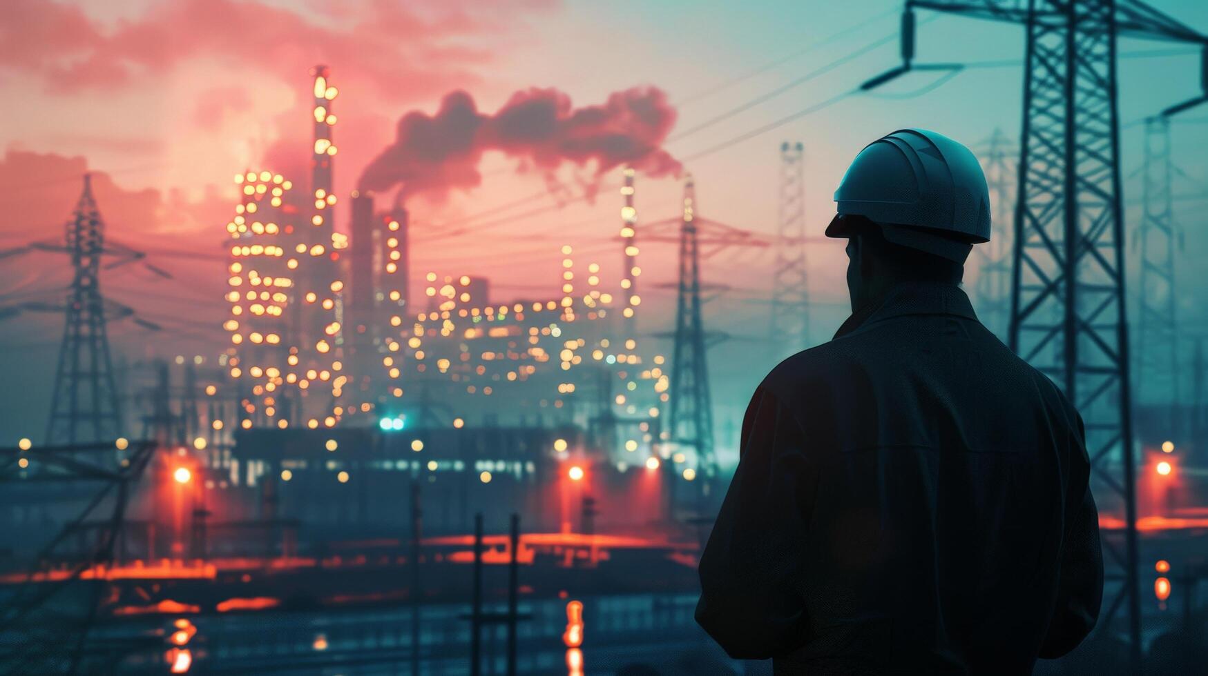 An engineer in a hard hat is looking at an industrial plant with a lot of smoke coming out of the smokestacks. photo