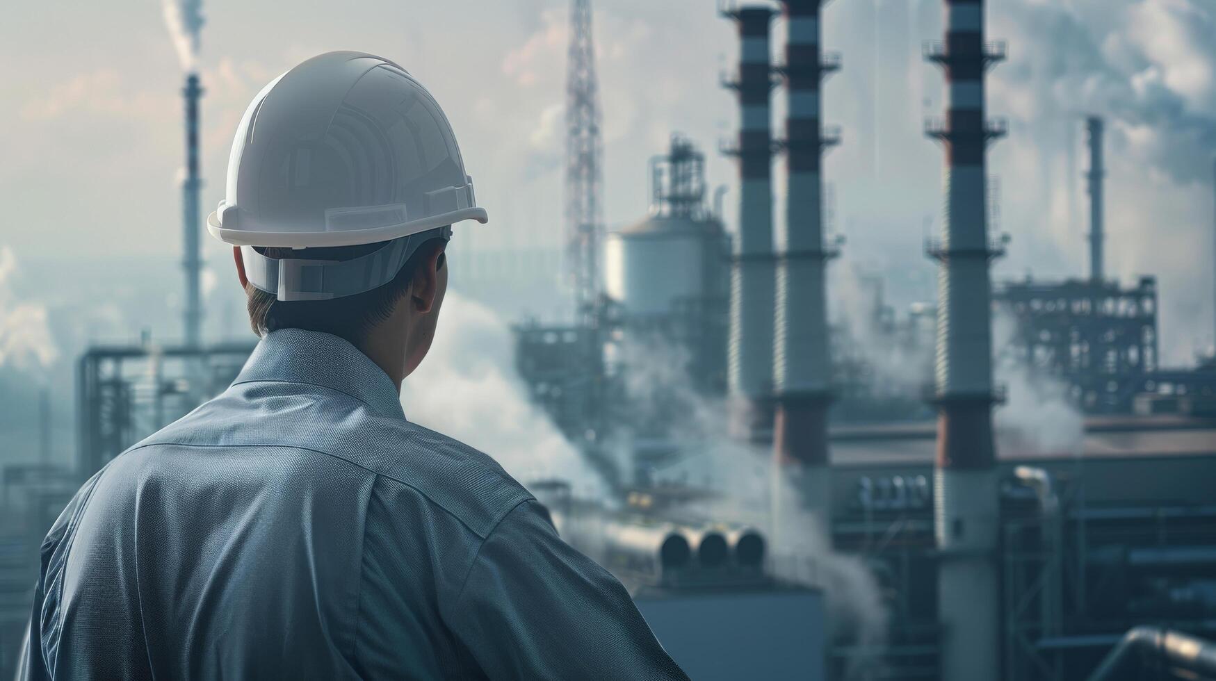 An industrial engineer wearing a hard hat is looking at an oil refinery in the distance. photo