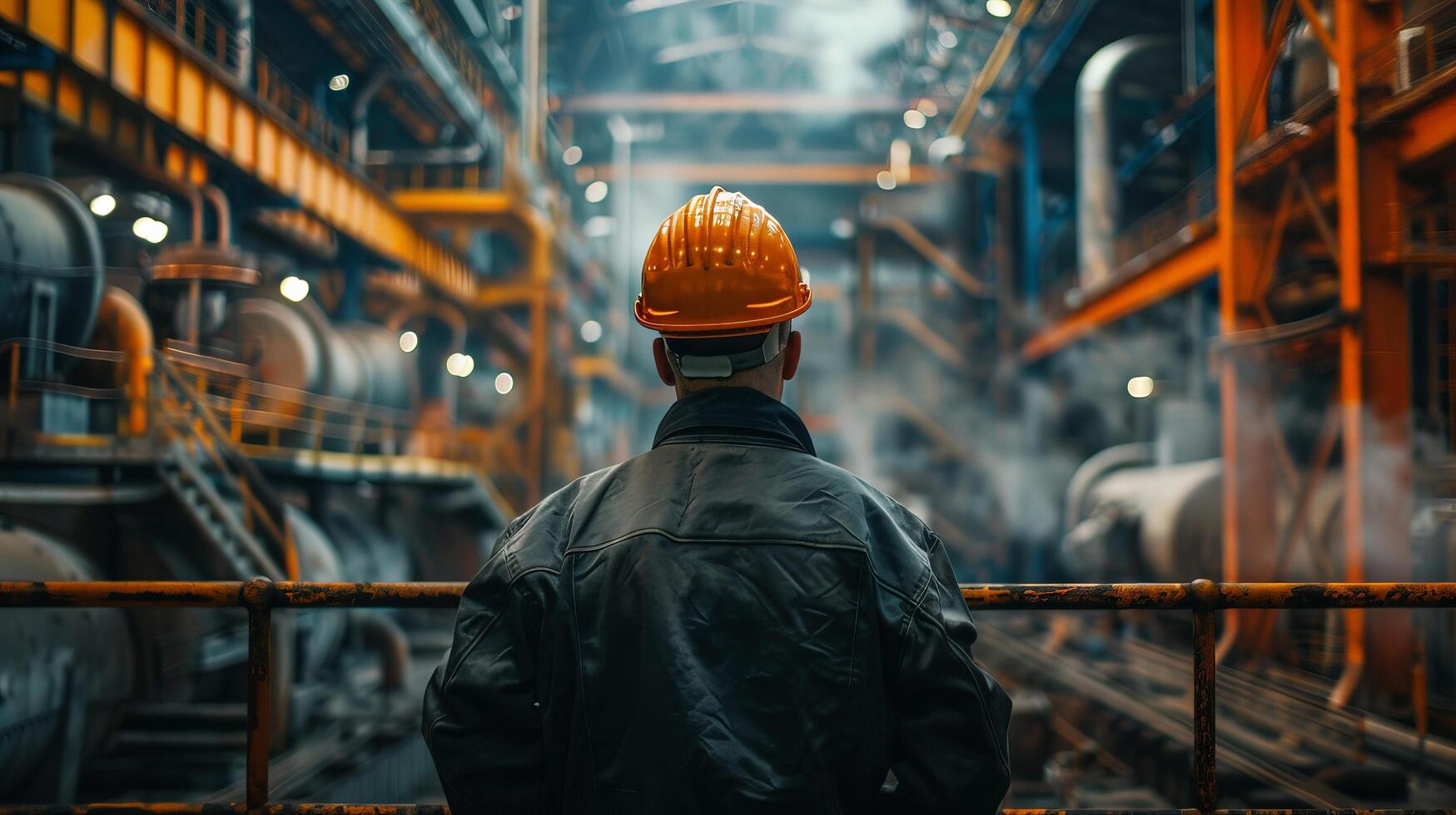 man in hardhat looking out over factory photo