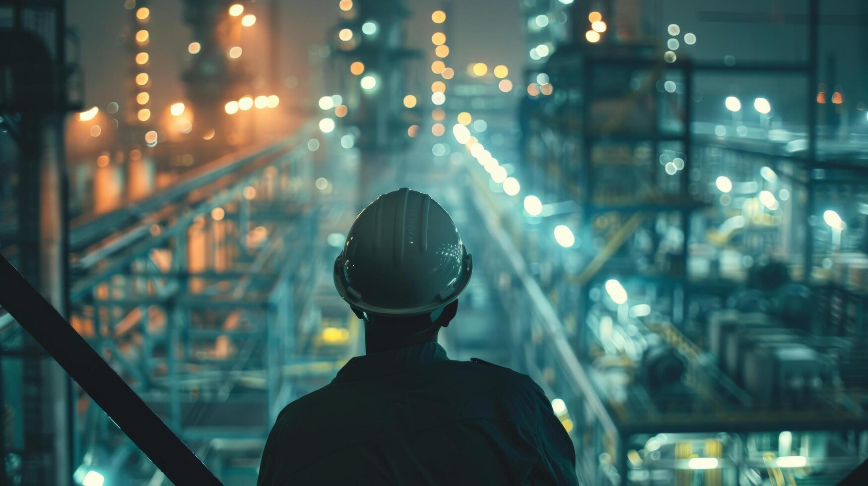 An engineer wearing a hard hat looking out over an oil refinery at night. photo