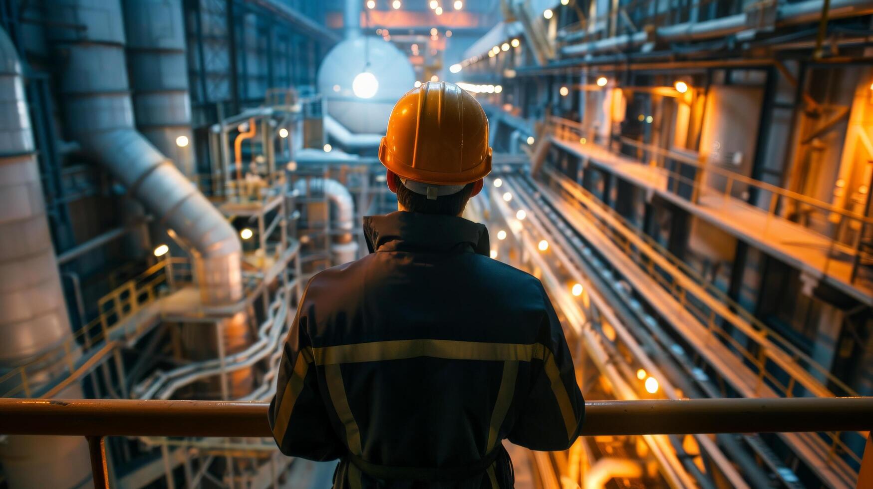An industrial worker is looking at the factory he is working in. photo