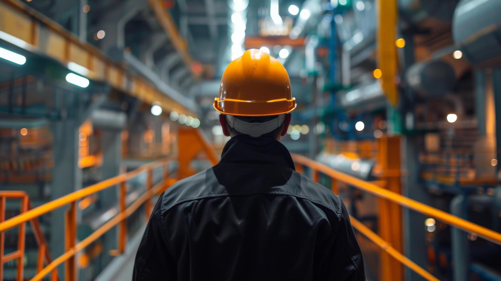 An industrial worker wearing a hard hat is looking at the equipment. photo